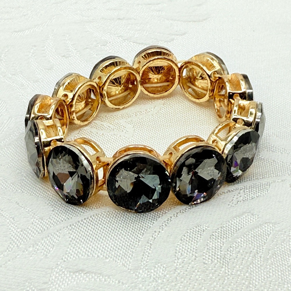 Vintage Deco Style Metal Stretch Bracelet w/ Link Round Smoky Gray Crystals
